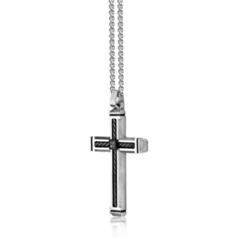Stainless Steel Cross Pendant with Black Diamond Accent and Black Ion Plating