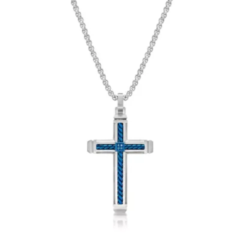 Stainless Steel Cross Pendant with Blue Diamond Accent and Black Ion Plating