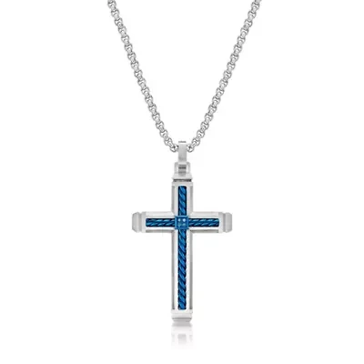 Stainless Steel Cross Pendant with Blue Diamond Accent and Black Ion Plating