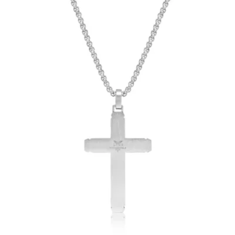 Stainless Steel Cross Pendant with Blue Diamond Accent and Black Ion Plating