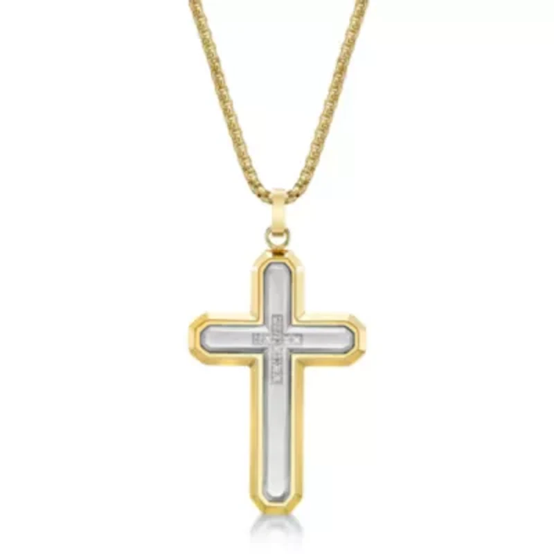 Stainless Steel Cross Pendant with Diamond Accent and Goldtone Ion Plating