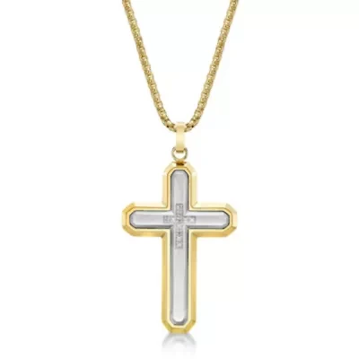 Stainless Steel Cross Pendant with Diamond Accent and Goldtone Ion Plating