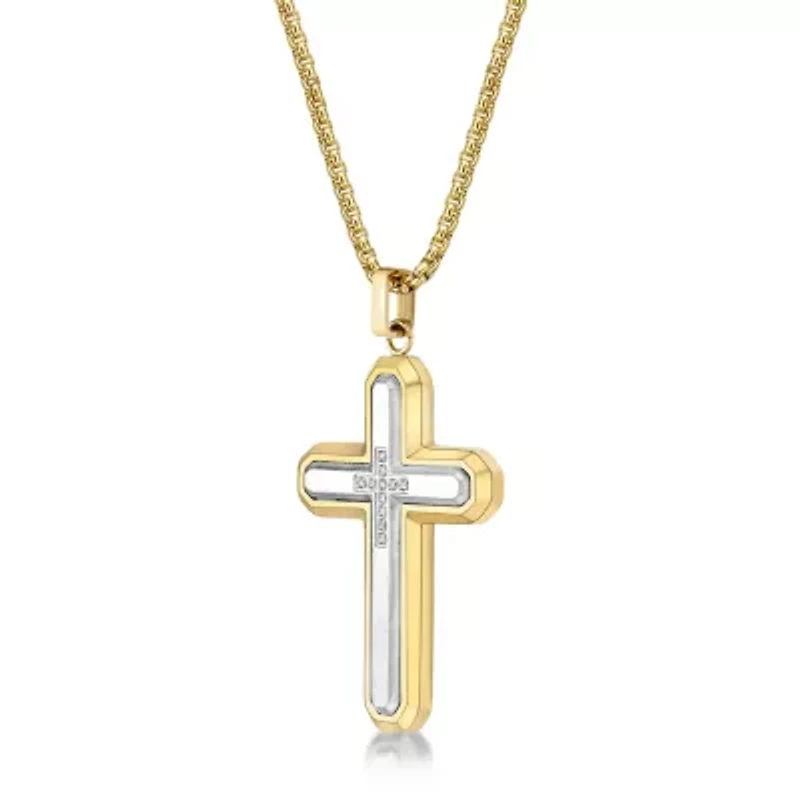 Stainless Steel Cross Pendant with Diamond Accent and Goldtone Ion Plating