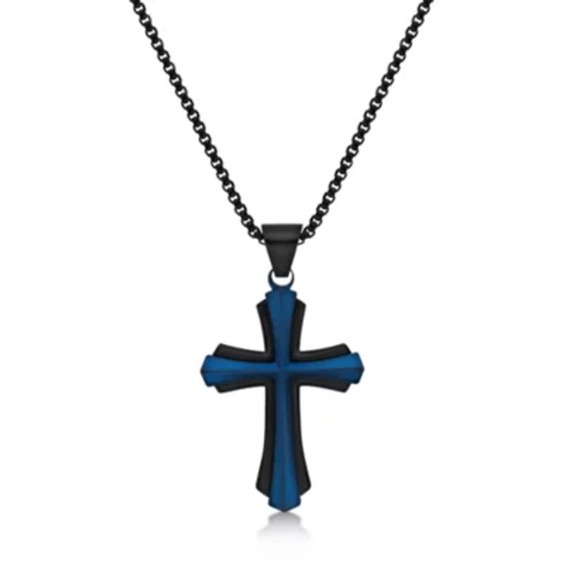 Flared Cross Pendant in Stainless Steel with Black and Blue Ion Plating
