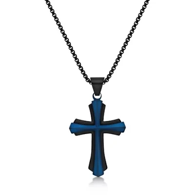 Flared Cross Pendant in Stainless Steel with Black and Blue Ion Plating
