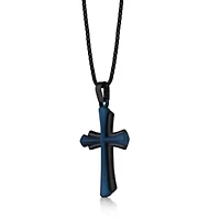 Flared Cross Pendant in Stainless Steel with Black and Blue Ion Plating