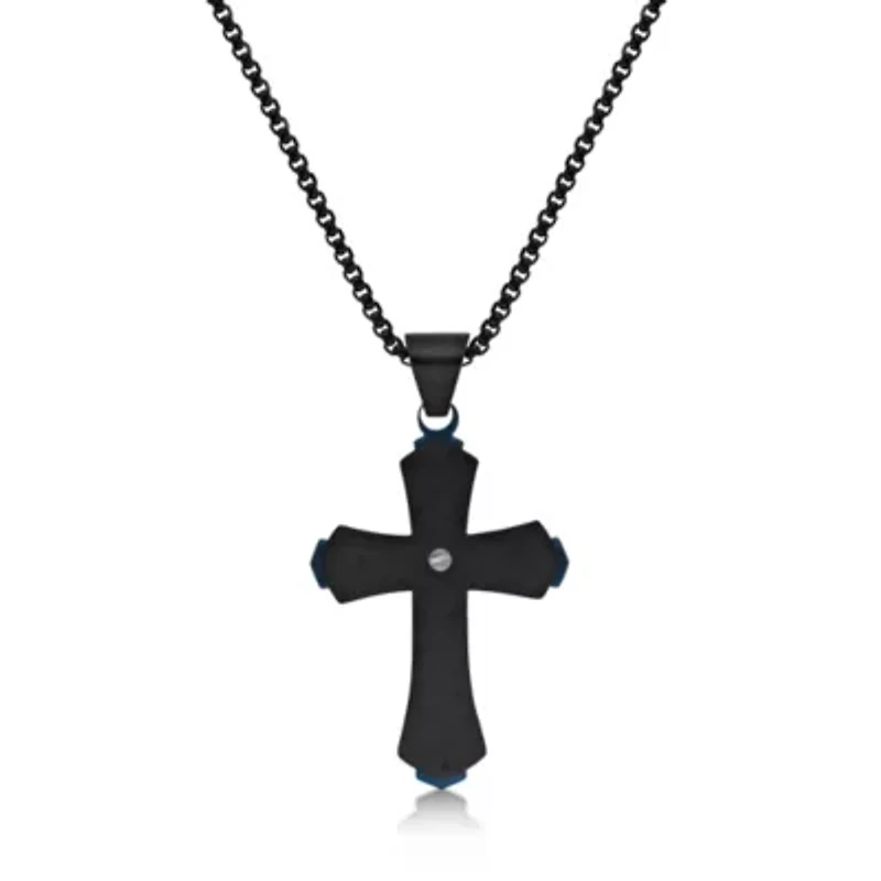 Flared Cross Pendant in Stainless Steel with Black and Blue Ion Plating