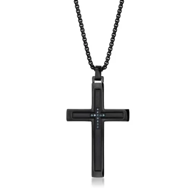 Stainless Steel Cross Pendant with Blue Diamond Accent and Black Ion Plating