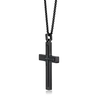 Stainless Steel Cross Pendant with Blue Diamond Accent and Black Ion Plating