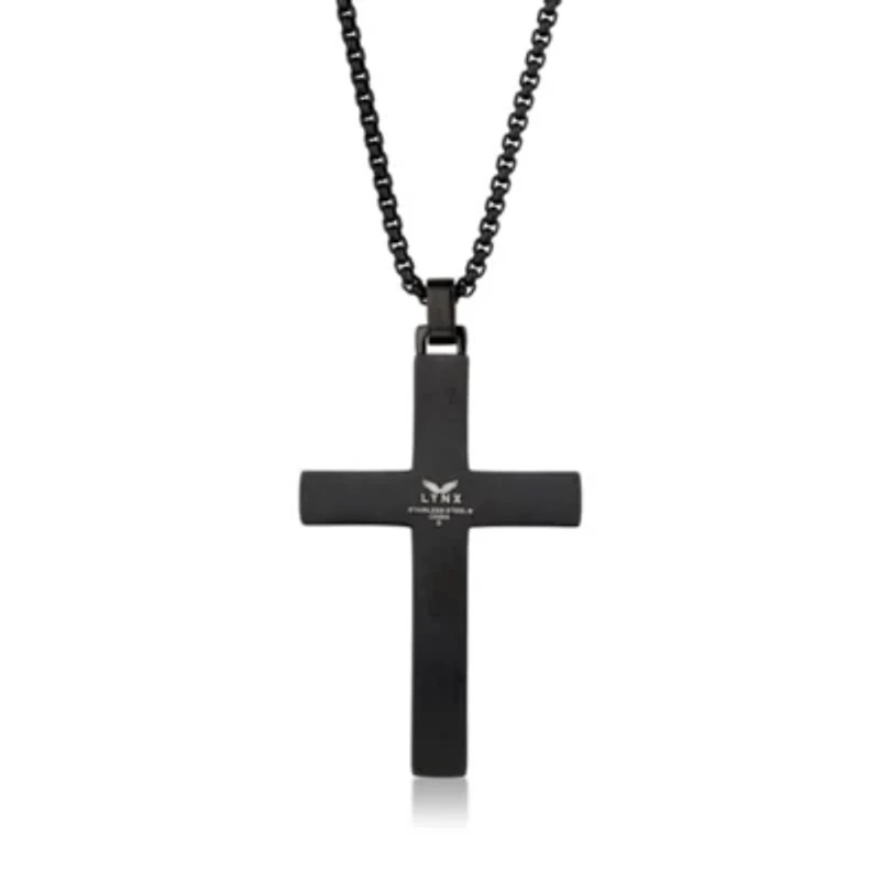 Stainless Steel Cross Pendant with Blue Diamond Accent and Black Ion Plating