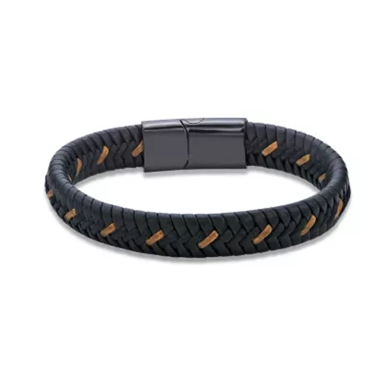 Black Leather Braided Bracelet with Stainless Steel Clasp