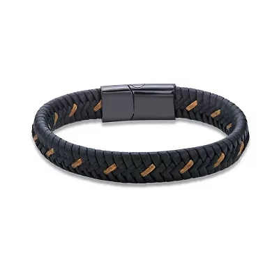Black Leather Braided Bracelet with Stainless Steel Clasp