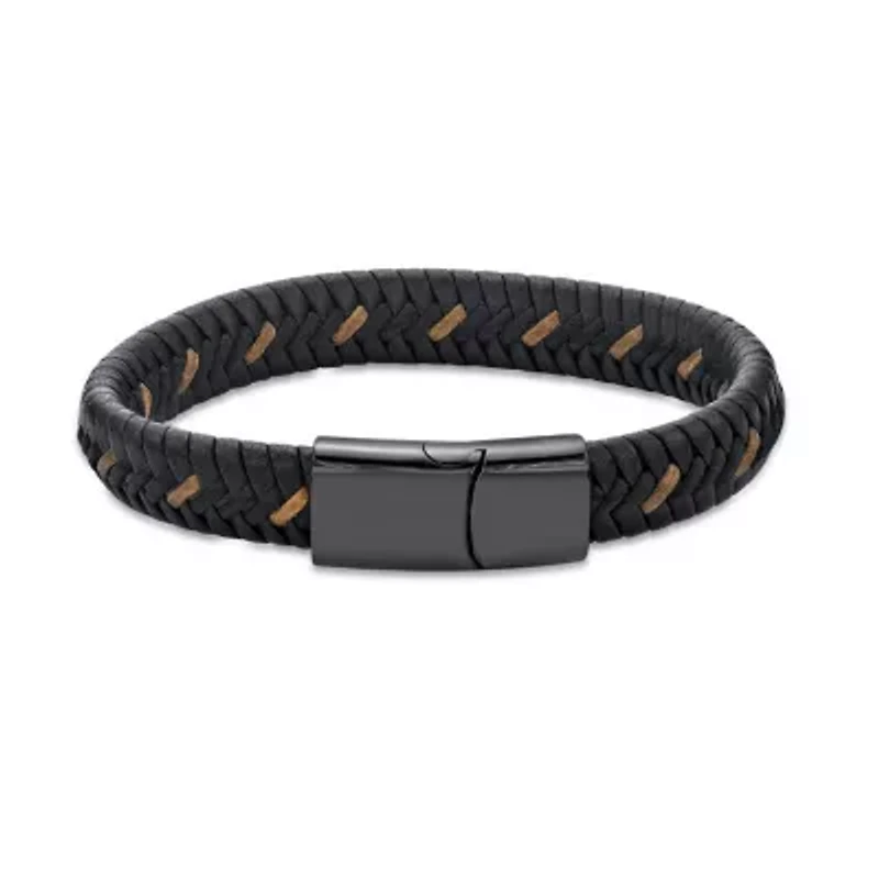 Black Leather Braided Bracelet with Stainless Steel Clasp