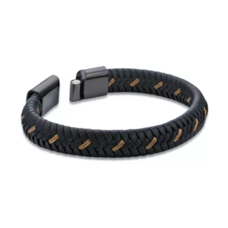 Black Leather Braided Bracelet with Stainless Steel Clasp