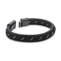 Black Leather Braided Bracelet with Stainless Steel Clasp