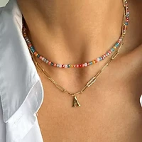 14k Gold Plated Adjustable Layered Color Beads and Paperclip Chain Initial Necklace