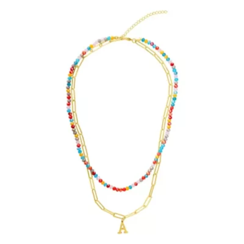 14k Gold Plated Adjustable Layered Color Beads and Paperclip Chain Initial Necklace