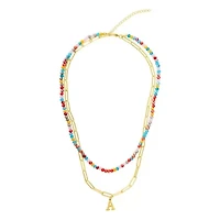 14k Gold Plated Adjustable Layered Color Beads and Paperclip Chain Initial Necklace