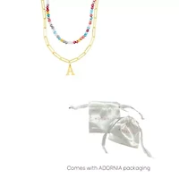14k Gold Plated Adjustable Layered Color Beads and Paperclip Chain Initial Necklace