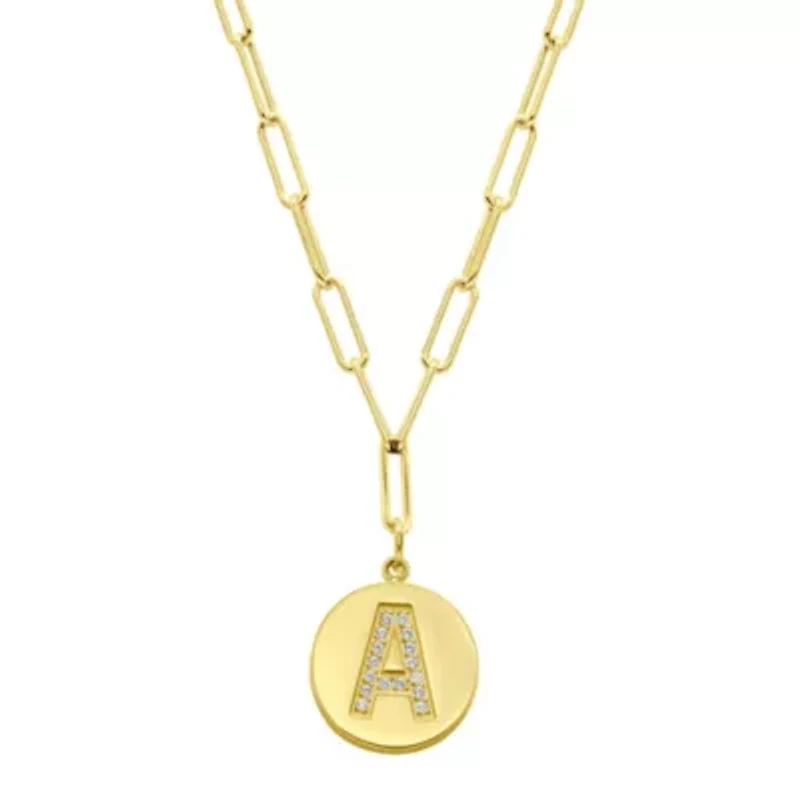 Tarnish Resistant 14k Gold Plated Pave Crystal Initial Disc Paperclip Necklace