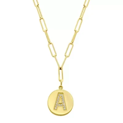 Tarnish Resistant 14k Gold Plated Pave Crystal Initial Disc Paperclip Necklace