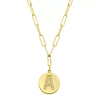 Tarnish Resistant 14k Gold Plated Pave Crystal Initial Disc Paperclip Necklace