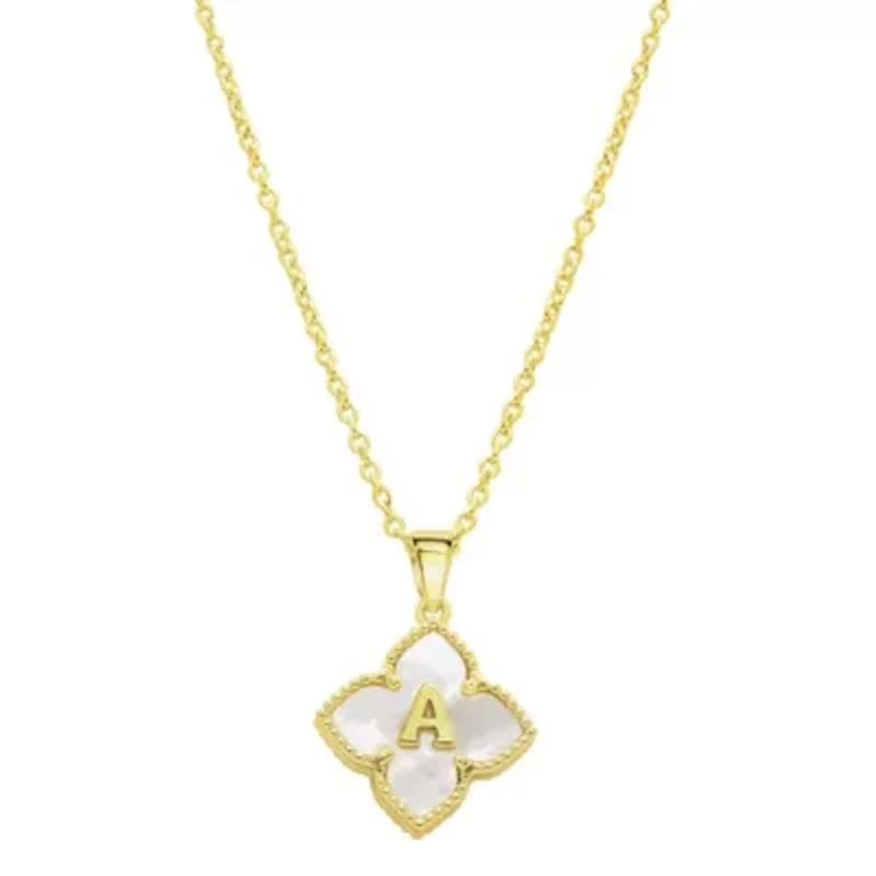 14k Gold Plated White Mother of Pearl Initial Floral Necklace