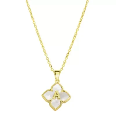 14k Gold Plated White Mother of Pearl Initial Floral Necklace