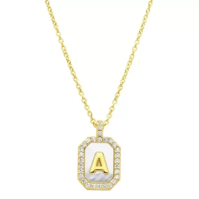 14k Gold Plated White Mother-of-Pearl Initial Tablet Necklace
