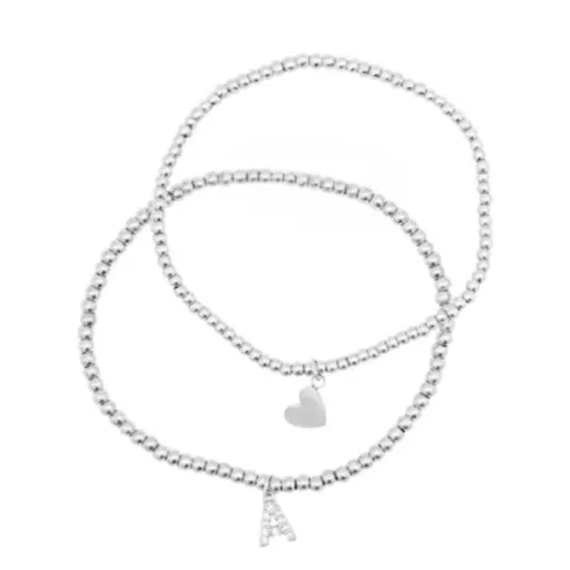 Sterling Silver Plated Stretch Bracelet Set With Mini Crystal Initial
