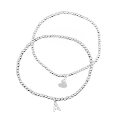 Sterling Silver Plated Stretch Bracelet Set With Mini Crystal Initial