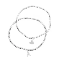 Sterling Silver Plated Stretch Bracelet Set With Mini Crystal Initial