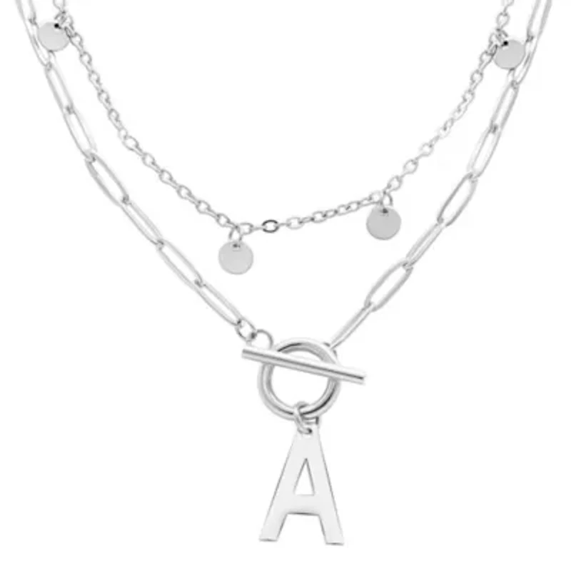 Tarnish Resistant Sterling Silver Plated Confetti And Paperclip Layered Initial Toggle Necklace