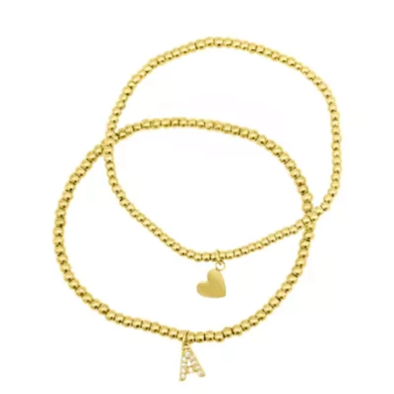14k Gold Plated Stretch Bracelet Set With Mini Crystal Initial