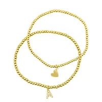 14k Gold Plated Stretch Bracelet Set With Mini Crystal Initial