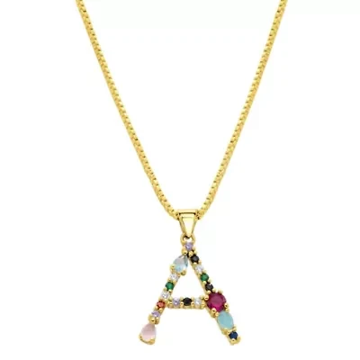 14k Gold Plated Multi Color Stone Initial Necklace