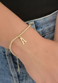 14k Gold Plated Tennis Bracelet with Initial Charm