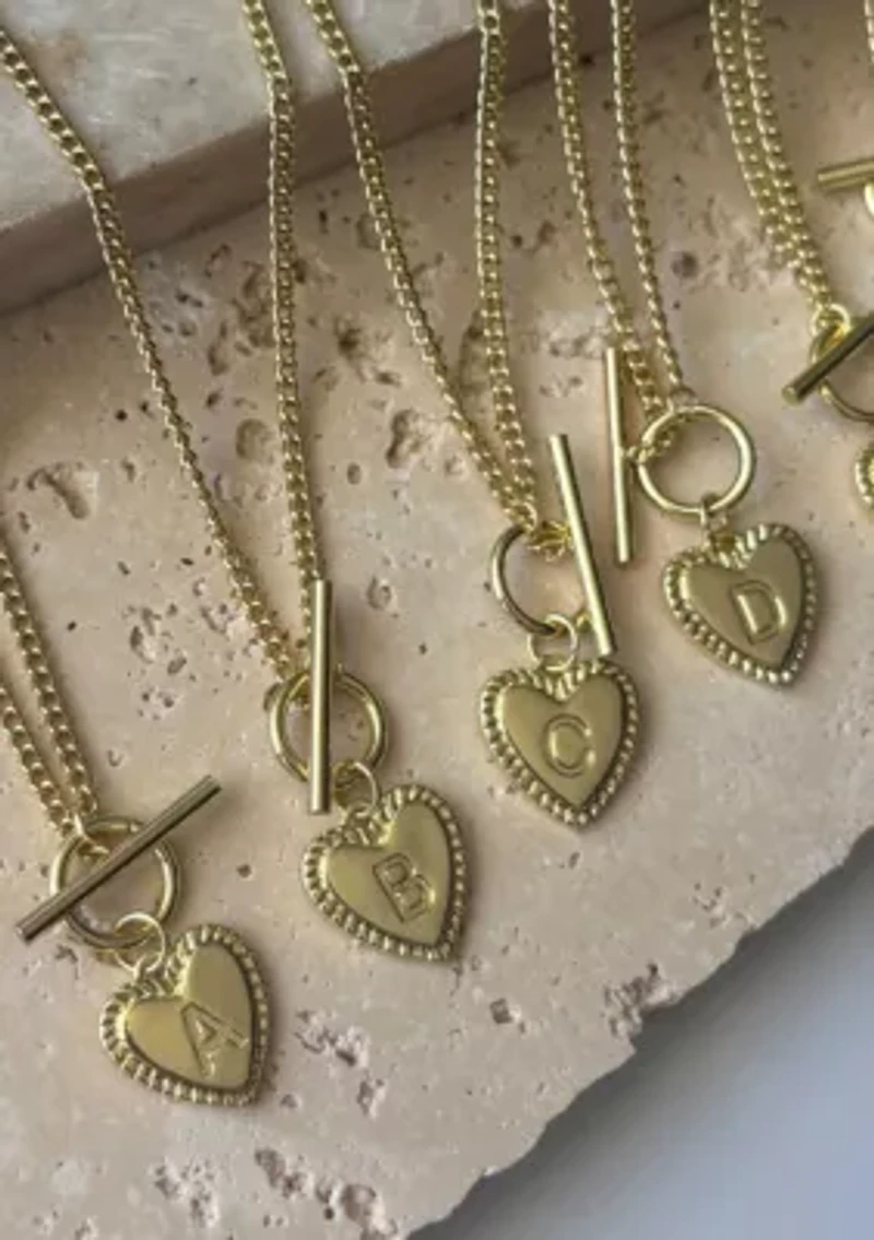 14k Gold Plated Heart Initial Toggle Necklace