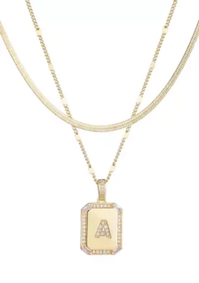 14k Gold Plated Pave Tag Pendant and Herringbone Chain Necklace Set