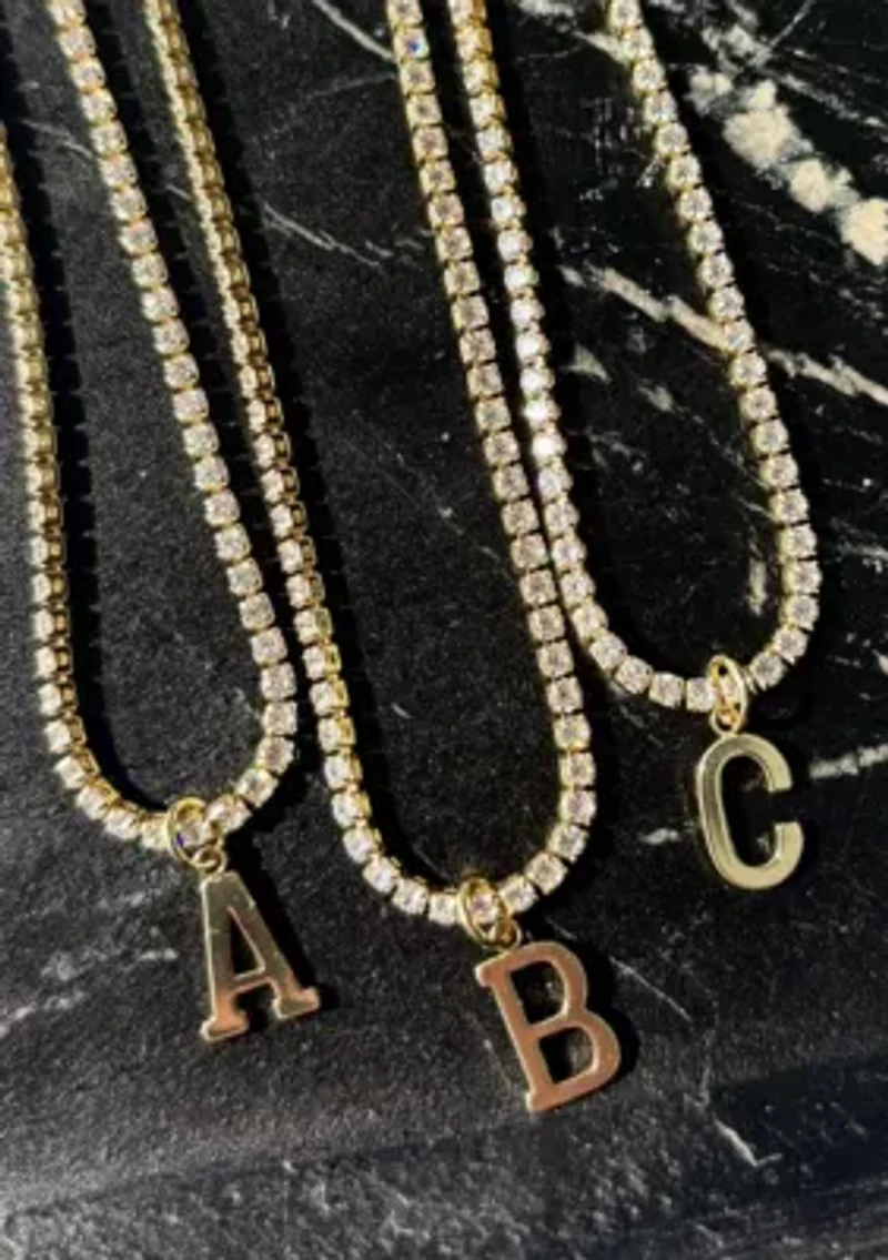 14k Gold Plated Tennis Necklace with Initial Charm
