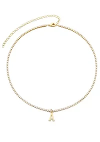 14k Gold Plated Tennis Necklace with Initial Charm
