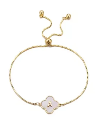 14k Gold Plated Mother of Pearl Initial Clover Bolo Bracelet