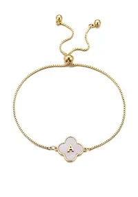 14k Gold Plated Mother of Pearl Initial Clover Bolo Bracelet