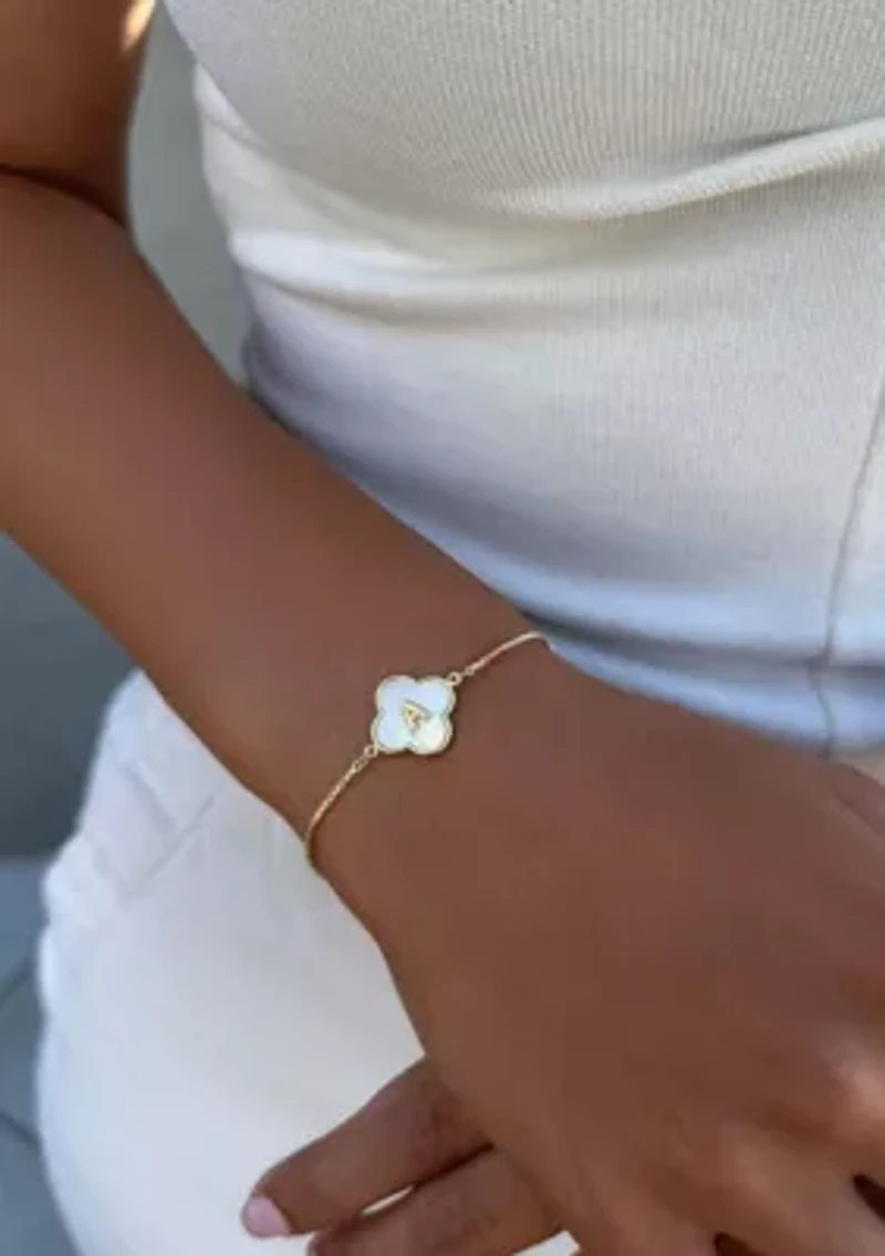 14k Gold Plated Mother of Pearl Initial Clover Bolo Bracelet