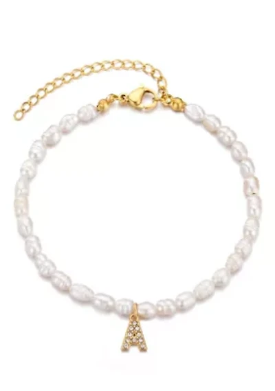14k Gold Plated Freshwater Pearl with Pave Letter Bracelet