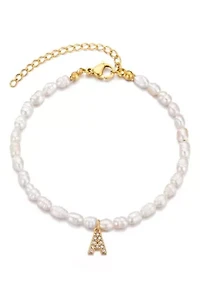14k Gold Plated Freshwater Pearl with Pave Letter Bracelet