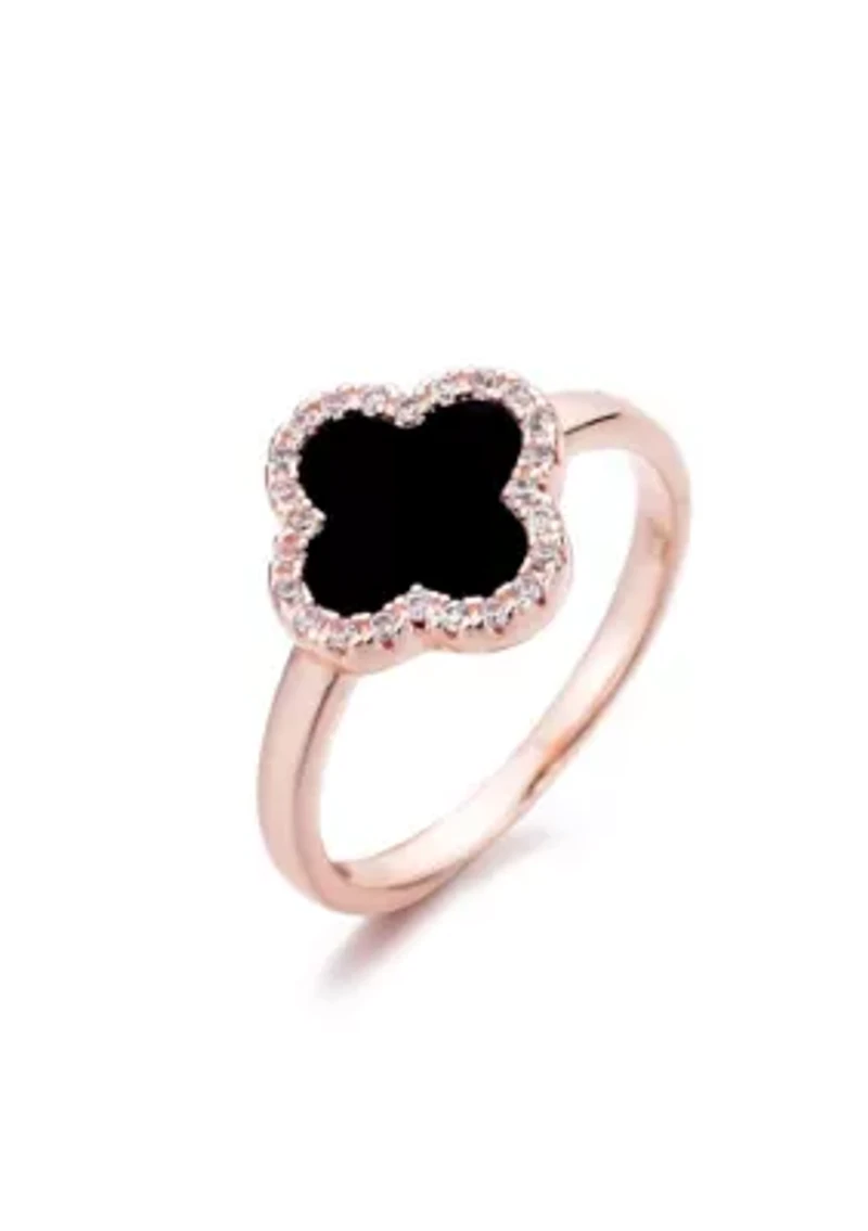 14k Rose Gold Plated Black Halo CZ Clover Ring