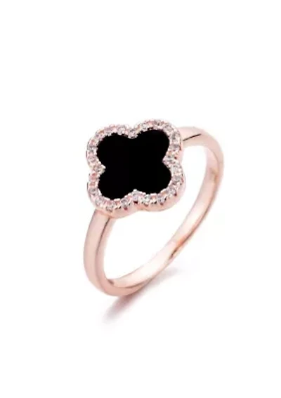 14k Rose Gold Plated Black Halo CZ Clover Ring