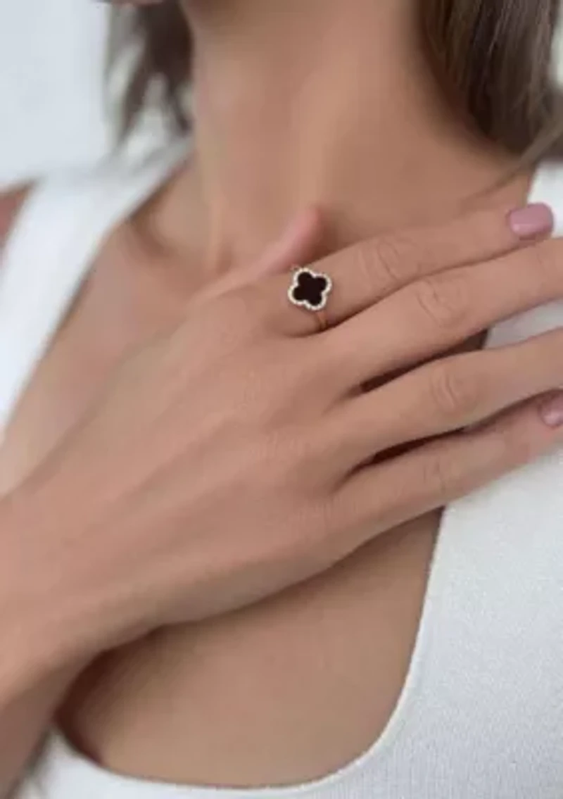 14k Rose Gold Plated Black Halo CZ Clover Ring