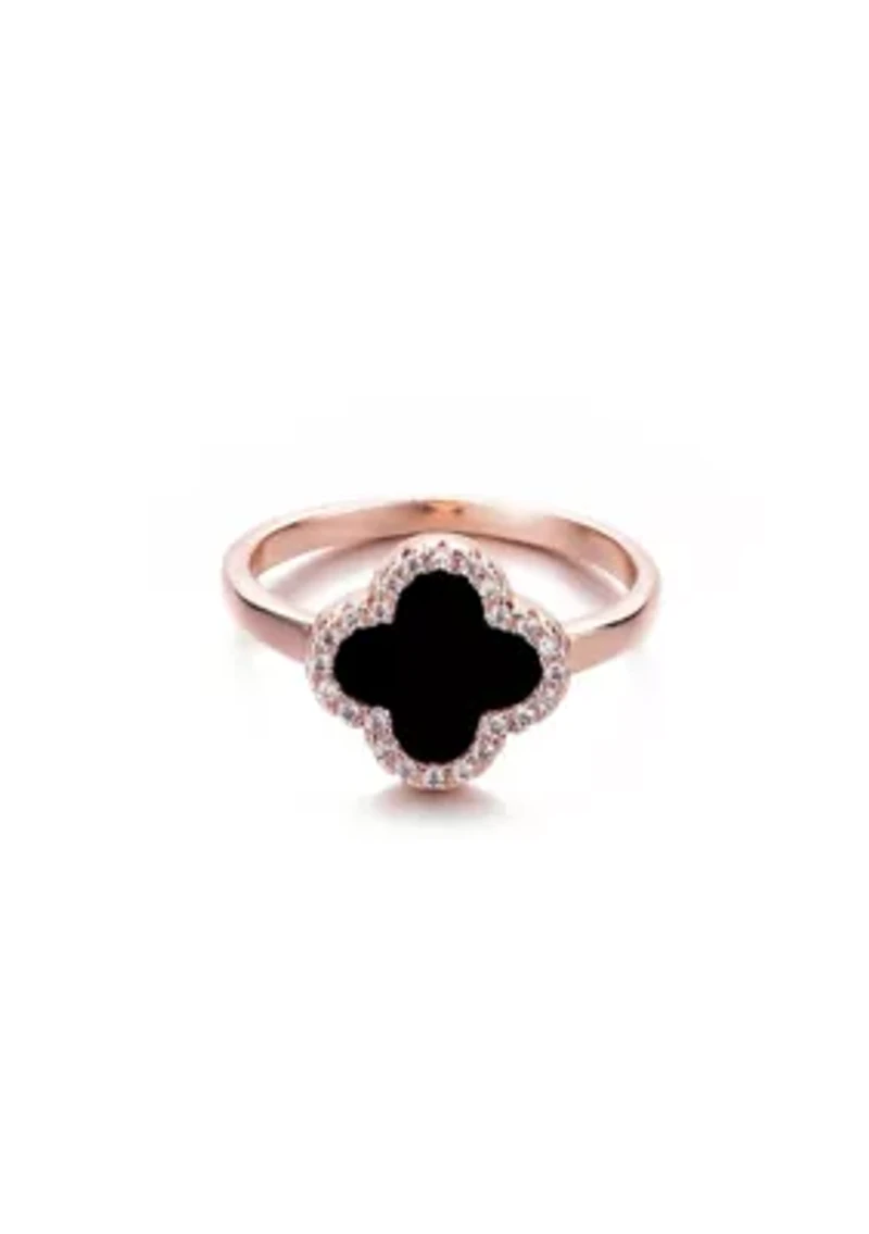 14k Rose Gold Plated Black Halo CZ Clover Ring